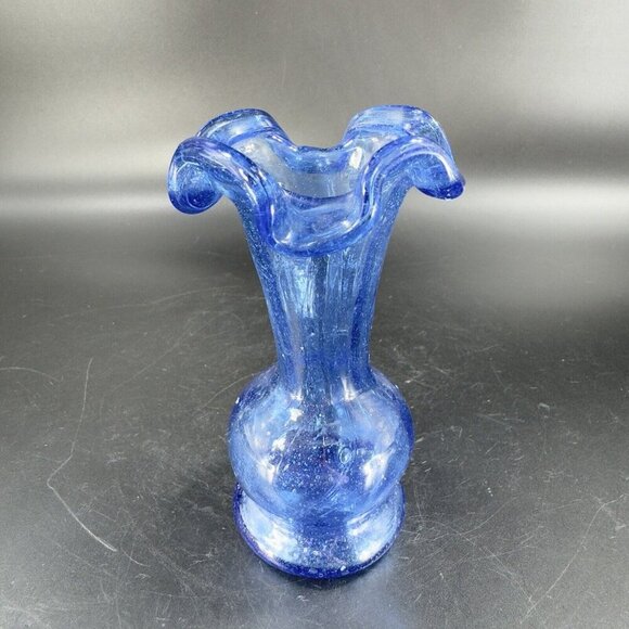 Vintage Hand Blown Cobalt Blue Bud Vase Ruffled Edges Hand Made Glass Decor VTG - Picture 14 of 14